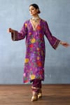 Torani_Purple Cotton Silk Printed Rose V Neck Dil Kusha Gazal Kurta Set _Online_at_Aza_Fashions