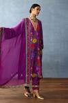 Torani_Purple Cotton Silk Printed Rose V Neck Dil Kusha Gazal Kurta Set _at_Aza_Fashions