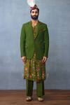 Torani_Green South Silk Slub Dil Saaz Mazin Embossed Jacket And Angarkha Set  _Online