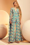 Aneesh Agarwaal_Green Crepe Printed Lake Forest Lapel Cape Sleeve Blazer And Pant Set  _at_Aza_Fashions