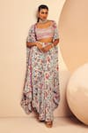 Buy_Aneesh Agarwaal_White Crepe Printed Mexican Folk Squared V Cape Draped Skirt Set  