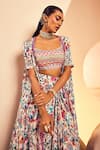 Shop_Aneesh Agarwaal_White Crepe Printed Mexican Folk Squared V Cape Draped Skirt Set  