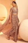 Shop_Aneesh Agarwaal_White Crepe Printed Ikat V Neck Cape Top And Ruffled Skirt Set  _Online_at_Aza_Fashions