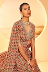 Aneesh Agarwaal_White Crepe Printed Ikat V Neck Cape Top And Ruffled Skirt Set  _at_Aza_Fashions