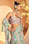 Aneesh Agarwaal_Blue Chinon Chiffon Printed Foliage Pre-draped Saree With Blouse  _Online_at_Aza_Fashions