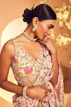 Shop_Aneesh Agarwaal_Peach Chiffon Printed Floral Chintz V Neck Pre-draped Saree With Blouse _Online_at_Aza_Fashions