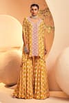 Buy_Aneesh Agarwaal_Yellow Chinon Chiffon Printed Floral V Neck Kaftan Tunic And Sharara Set  _at_Aza_Fashions