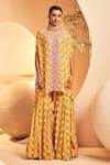 Aneesh Agarwaal_Yellow Chinon Chiffon Printed Floral V Neck Kaftan Tunic And Sharara Set  _Online_at_Aza_Fashions