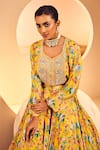 Shop_Aneesh Agarwaal_Yellow Crepe Printed Floral Flared Lehenga With Embroidered Blouse  _Online_at_Aza_Fashions