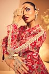 Shop_Aneesh Agarwaal_Red Crepe Printed Kalamkari Mandarin Floral Jacket And Sharara Set  _Online_at_Aza_Fashions