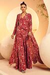 Buy_Aneesh Agarwaal_Red Crepe Printed Kalamkari V Neck Cape Sharara Set  _Online_at_Aza_Fashions