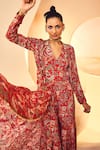 Buy_Aneesh Agarwaal_Red Crepe Printed Kalamkari V Neck Cape Sharara Set  