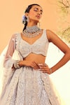 Aneesh Agarwaal_Blue Organza Embroidery Foil V Persian Mirror And Bridal Lehenga Set  _Online_at_Aza_Fashions