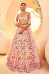 Buy_Aneesh Agarwaal_Pink Organza Embroidery Sequins Bloom Garden Bridal Lehenga Set _at_Aza_Fashions