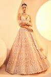 Aneesh Agarwaal_Peach Tulle Embroidery Zari Persian Damask Foil Bridal Lehenga Set _Online_at_Aza_Fashions