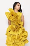 Shop_JANYAS CLOSET_Yellow Taffeta Silk Ruffle Solid Detailed Dress _Online_at_Aza_Fashions