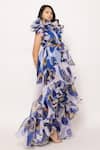 JANYAS CLOSET_Blue Organza Printed Floral Asymmetric Dress _Online_at_Aza_Fashions