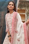 Shop_KARAJ JAIPUR_Red Kurta And Dupatta Pure Mul Chanderi Printed Butti Notched Pant Set _at_Aza_Fashions