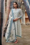 Buy_KARAJ JAIPUR_Blue Kurta And Dupatta Pure Mul Chanderi Printed Butti Notched Pattern Pant Set _at_Aza_Fashions