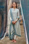 KARAJ JAIPUR_Blue Kurta And Dupatta Pure Mul Chanderi Printed Butti Notched Pattern Pant Set _Online_at_Aza_Fashions