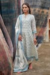 Buy_KARAJ JAIPUR_Blue Kurta And Dupatta Pure Mul Chanderi Printed Butti Notched Pattern Pant Set _Online_at_Aza_Fashions