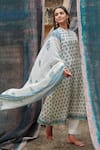 Shop_KARAJ JAIPUR_Blue Kurta And Dupatta Pure Mul Chanderi Printed Butti Notched Pattern Pant Set _Online_at_Aza_Fashions