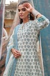 KARAJ JAIPUR_Blue Kurta And Dupatta Pure Mul Chanderi Printed Butti Notched Pattern Pant Set _at_Aza_Fashions