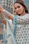 Shop_KARAJ JAIPUR_Blue Kurta And Dupatta Pure Mul Chanderi Printed Butti Notched Pattern Pant Set _at_Aza_Fashions