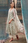 KARAJ JAIPUR_Green Kurta And Dupatta Pure Mul Chanderi Printed Jaal V Neck Pant Set _Online_at_Aza_Fashions