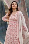 KARAJ JAIPUR_Red Kurta And Dupatta Pure Mul Chanderi Printed Jaal V Neck Pant Set _at_Aza_Fashions