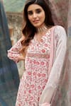 Shop_KARAJ JAIPUR_Red Kurta And Dupatta Pure Mul Chanderi Printed Jaal V Neck Pant Set _at_Aza_Fashions