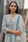 KARAJ JAIPUR_Blue Kurta And Dupatta Pure Mul Chanderi Printed Jaal V Neck Pattern Pant Set _at_Aza_Fashions