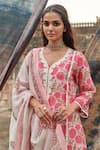 Shop_KARAJ JAIPUR_Red Kurta And Dupatta Pure Mul Chanderi Printed Jaal Leaf Pattern Pant Set _at_Aza_Fashions