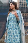 Shop_KARAJ JAIPUR_Blue Kurta And Dupatta Pure Mul Chanderi Printed Floral Jaal Pattern Pant Set _at_Aza_Fashions