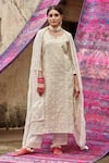 Buy_KARAJ JAIPUR_Ivory Kurta Chanderi Embroidered Chikankari Notched Pant Set _at_Aza_Fashions