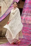 Shop_KARAJ JAIPUR_Ivory Kurta Chanderi Embroidered Chikankari Notched Pant Set _Online_at_Aza_Fashions