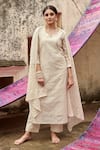 Buy_KARAJ JAIPUR_Ivory Kurta Chanderi Embroidered Chikankari Notched Set _at_Aza_Fashions