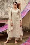 Shop_KARAJ JAIPUR_Ivory Kurta Chanderi Embroidered Chikankari Notched Set _Online_at_Aza_Fashions