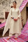 Buy_KARAJ JAIPUR_Ivory Kurta Chanderi Embroidered Chikankari Notched Set _at_Aza_Fashions