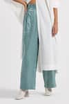 Buy_Three_Green Satin Lycra Plain High Waist Pleated Flared Pant  _Online_at_Aza_Fashions