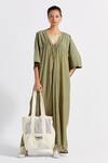 Three_Green Poplin V-neck V Kaftan _at_Aza_Fashions