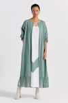 Buy_THREE_Green Poplin Embroidery Chevron Dress Colorblock With Fringe Jacket  _at_Aza_Fashions