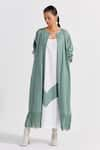 THREE_Green Poplin Embroidery Chevron Dress Colorblock With Fringe Jacket  _Online_at_Aza_Fashions