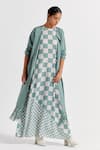Buy_THREE_Green Jacket Poplin Checks Dress Round Checkered With Fringed _at_Aza_Fashions