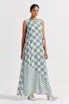 THREE_Green Jacket Poplin Checks Dress Round Checkered With Fringed _Online_at_Aza_Fashions