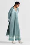 Buy_THREE_Green Tunic Satin Lycra Plain Tunic Notched Lapel And Pant Co-ord Set _Online_at_Aza_Fashions