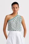 THREE_White Top Crepe Checks One Shoulder Checkered With Pleated Pant _Online_at_Aza_Fashions