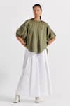 Buy_Three_White Chanderi, Crepe, Cotton, Poplin Pintucked Top And Pleated Pant Set _at_Aza_Fashions