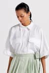 Buy_THREE_Green Shirt Poplin Plain Collar With Asymmetric Pleated Skirt _Online_at_Aza_Fashions