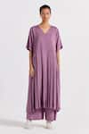 Buy_Three_Purple V-neck Pleated Tunic And Pant Set _Online_at_Aza_Fashions